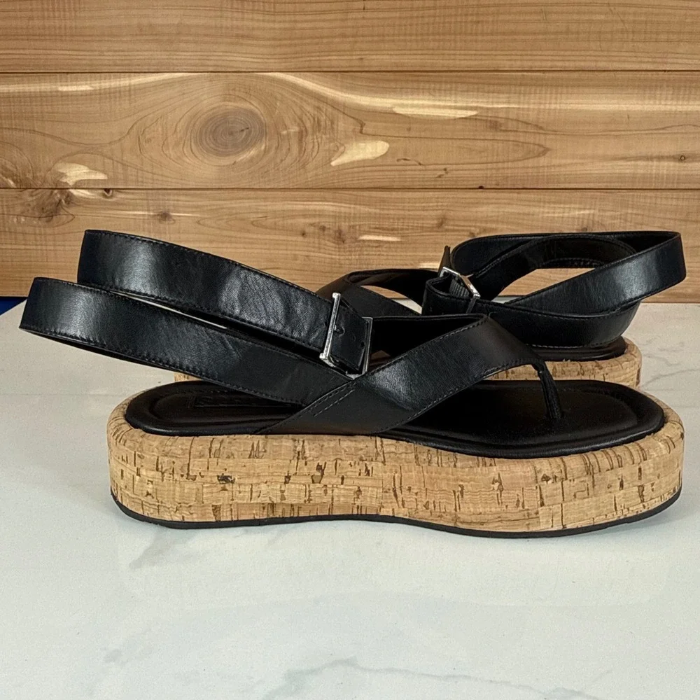 Schutz Tessie Black Leather Cork Platform Thong Sandals Womens 7B Ankle Strap
